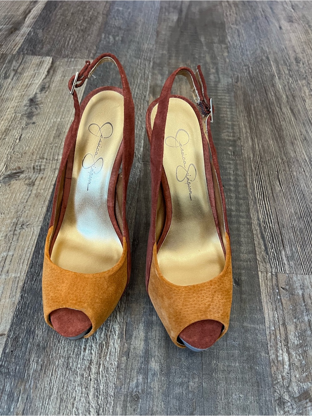 Jessica Simpson Two-Tone Suede Peep-Toe Slingback Heels in Rust and Orange